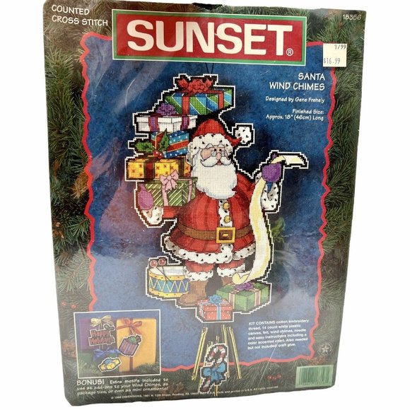 Christmas Cross Stitch Santa Wind Chimes￼ Sunset brand vintage - Picture 1 of 4